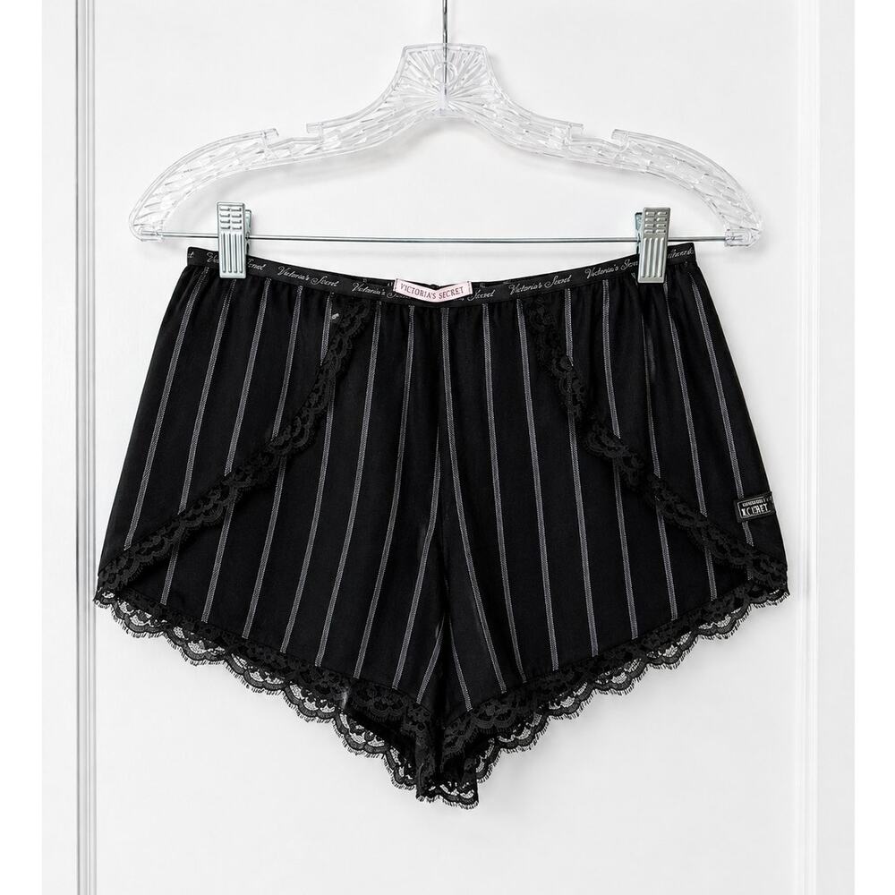 Victorias Secret LOVE Lounge Shorts Sm Black Striped Lace Sleep Pajama Shorts